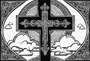 Arabic bible verse with a cross in the background and clouds surrounding the cross. make it realistic and the cross is very simple. The words will be written over the cross. tattoo idea