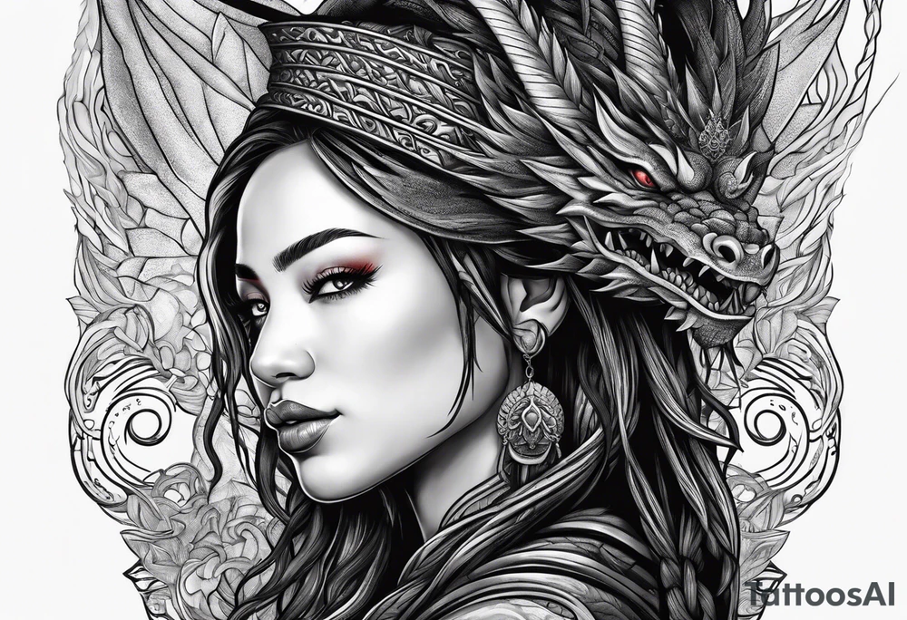 Red dragon behind woman with dreadlocks tattoo idea Red dragon behind woman with dreadlocks tattoo idea