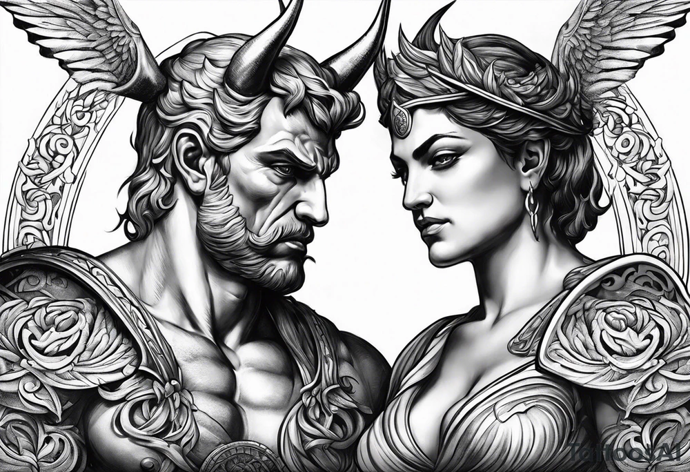 Greek devil and green angel tattoo idea