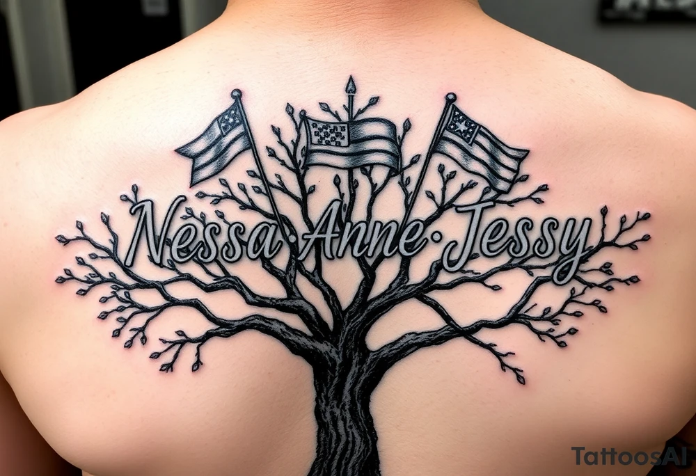 the name Nessa, Anne, Jessy as flags on a live tree tattoo idea
