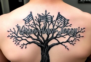 the name Nessa, Anne, Jessy as flags on a live tree tattoo idea