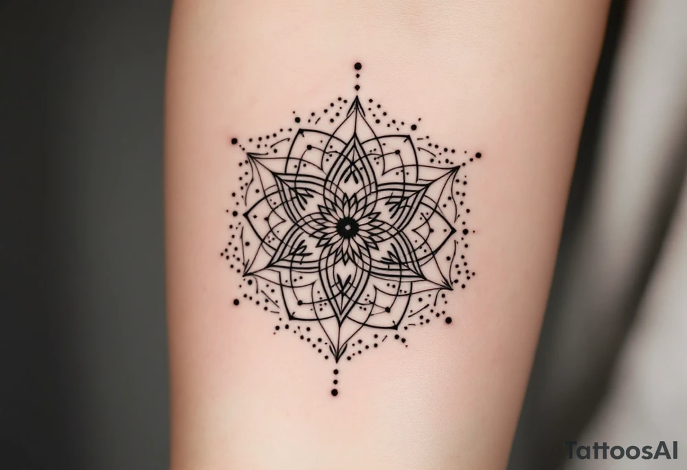 simple, minimalist tattoo, sacred geometry mandala, centerpiece design, dotwork patterns, radiating geometry, symmetrical mandala, geometric shapes, intricate dotwork, sacred patterns, mandala center, geometric radiating, fine line work, black grey shading, minimalist design, no outlines, arm placement, delicate linework, precise geometry, clean symmetry, sacred symbols, geometric precision, dotwork details, mandala focal point, refined patterns, understated complexity, geometric harmony, minimalist tattoo idea