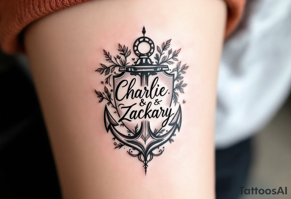 Design a small tattoo that artfully integrates the names "Charlie" and "Zackary" in elegant, intertwined cursive lettering. Surround the names with a bold, powerful symbol that conveys strength, unity, and protection—such as a shield, anchor, or lion emblem. The design should balance delicate script with a commanding central motif, creating a harmonious and meaningful piece perfect for a discreet placement like the wrist or inner forearm. tattoo idea