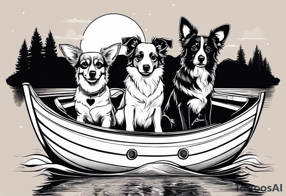 two dogs in a boat. One dog is tan with big ears like a chihuahua. The other dog is black and white and looks like an australian shepherd with floppy ears tattoo idea