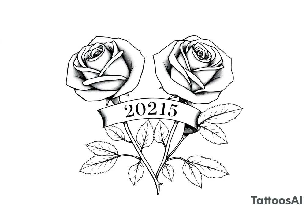 two beautiful large rose buds, one larger than the other, with many leaves next to the rose buds, with one sitting higher than the other. Include a banner connecting the two roses with the year "2025" on it.   Use dark outlines with little shading. The two stems should be short, not long, and connect and join into one stem, whimsically curved or twisted - not straight down. tattoo idea