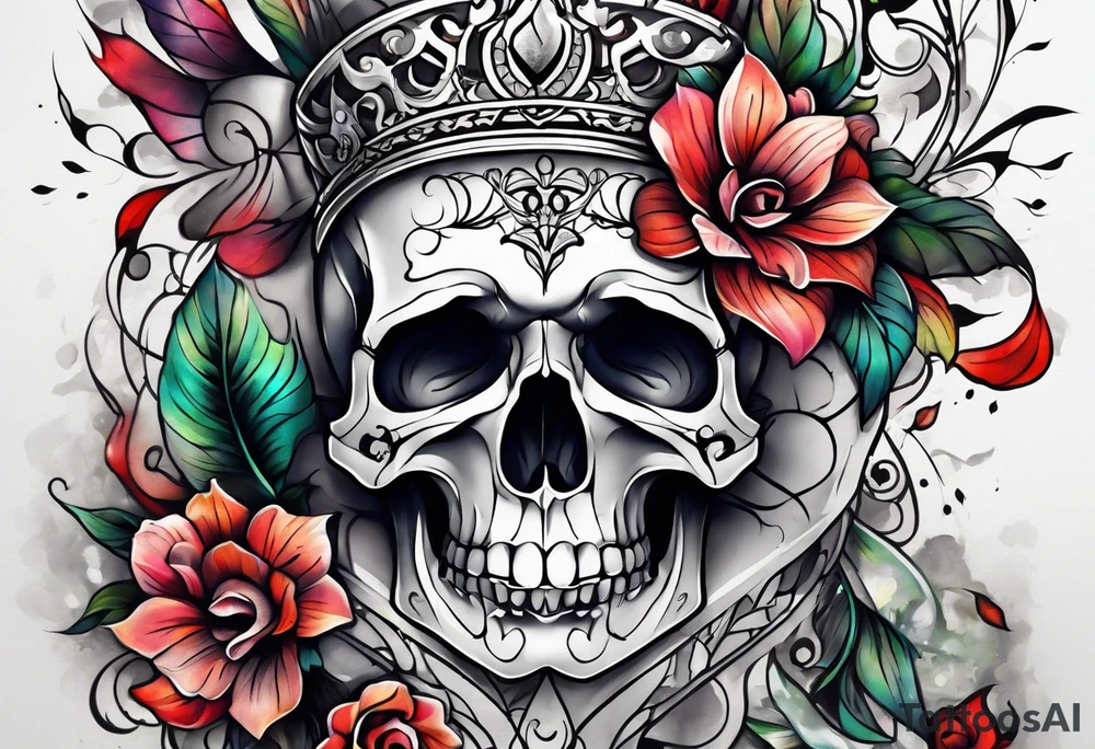 front knee tattoo with flowers & skulls, swirls & water washes, background washes tattoo idea
