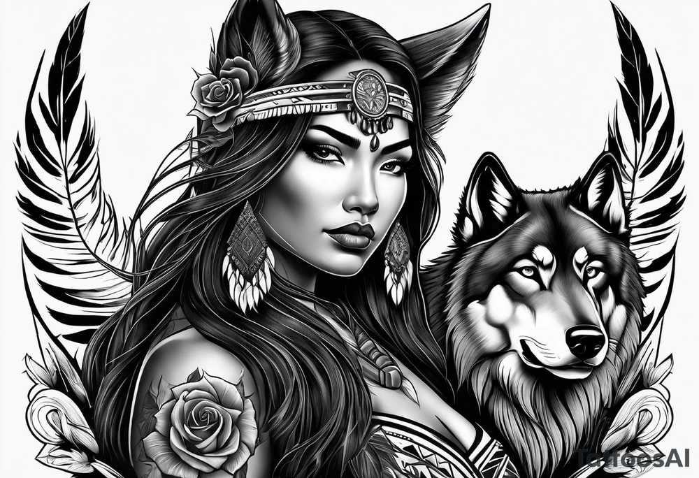 Armored native American woman with a wolf and a cored rose tattoo idea