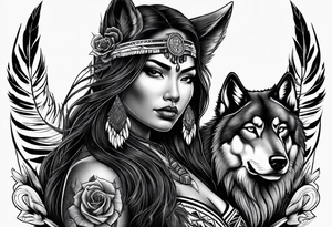 Armored native American woman with a wolf and a cored rose tattoo idea