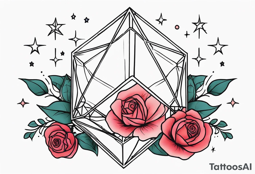 Elongated tesseract with small roses and stars around it tattoo idea