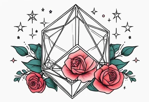 Elongated tesseract with small roses and stars around it tattoo idea