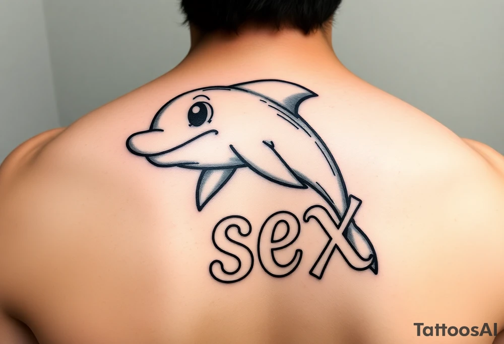 Cartoon dolphin with a mischievous face and the word sex written in cartoon letters tattoo idea