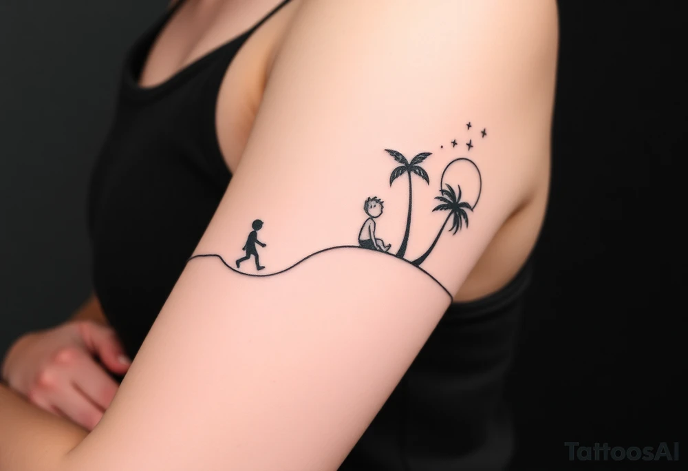 Create a minimalist tattoo design that wraps around the upper right arm, just below the armpit and above an existing blackwork sleeve.

Design Flow:

The tattoo is connected by a thin, continuous line that wraps around the arm.

On the outer/front arm, place a small, minimal walking figure on the line, moving forward. The line should have a gentle wave under his steps to create movement.

The line continues to the inner arm, where a boy is sitting on the line (with his back to the viewer, legs dangling below the line).

To the right of the boy, place a slightly leaning palm tree growing from the line.

Behind or beside the tree, include a minimal sun, low on the horizon (simple circle or half-sun).

In the space above, softly scatter minimalist stars, mostly dots, with 2–3 sparkles or tiny diamond shapes.

Style Notes:

Keep everything in fine line / minimalist style, no heavy shading

Design should feel light, dreamy, and reflective — symbolizing balance between stillness and motion

Line should echo the flow of the existing tribal/blackwork arm band below, but not mimic or clash with it tattoo idea