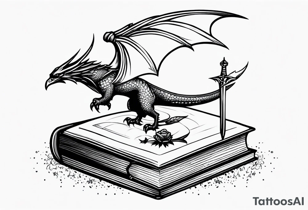 a small open fantasy book. a high flying dragon. A fallen pawn. a cluster of lavender wrapped around a sword with a bee. A tiny raven. Stars and crescent moon. tattoo idea