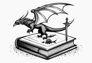 a small open fantasy book. a high flying dragon. A fallen pawn. a cluster of lavender wrapped around a sword with a bee. A tiny raven. Stars and crescent moon. tattoo idea