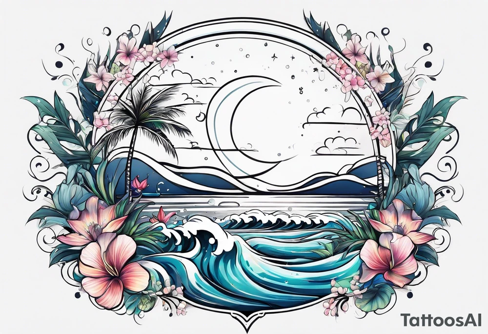 sea,, night, flower, palm, tattoo idea