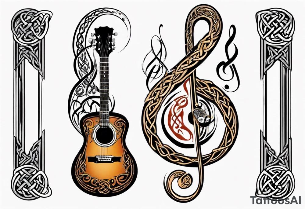celtic  design with a treble clef and a guitar fused together tattoo idea