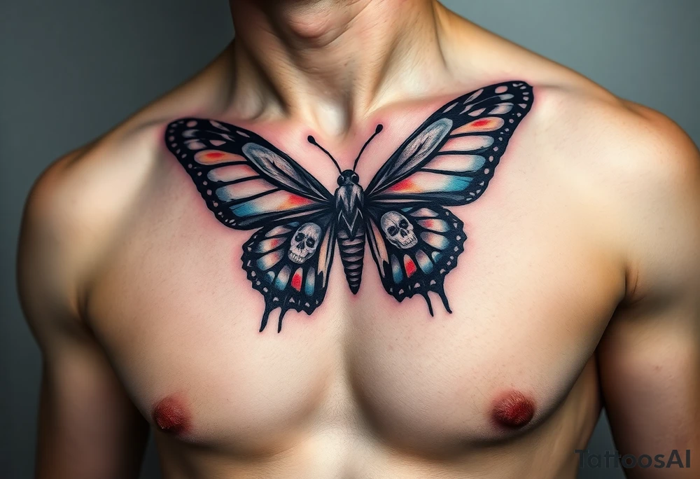 powerful majestic and dark monarch butterfly with skull detail as the body hidden skulls in wings, skull detail making the body of the butterfly with a horror style effect, including blue, red and white colouring
placement on chest at collarbone tattoo idea