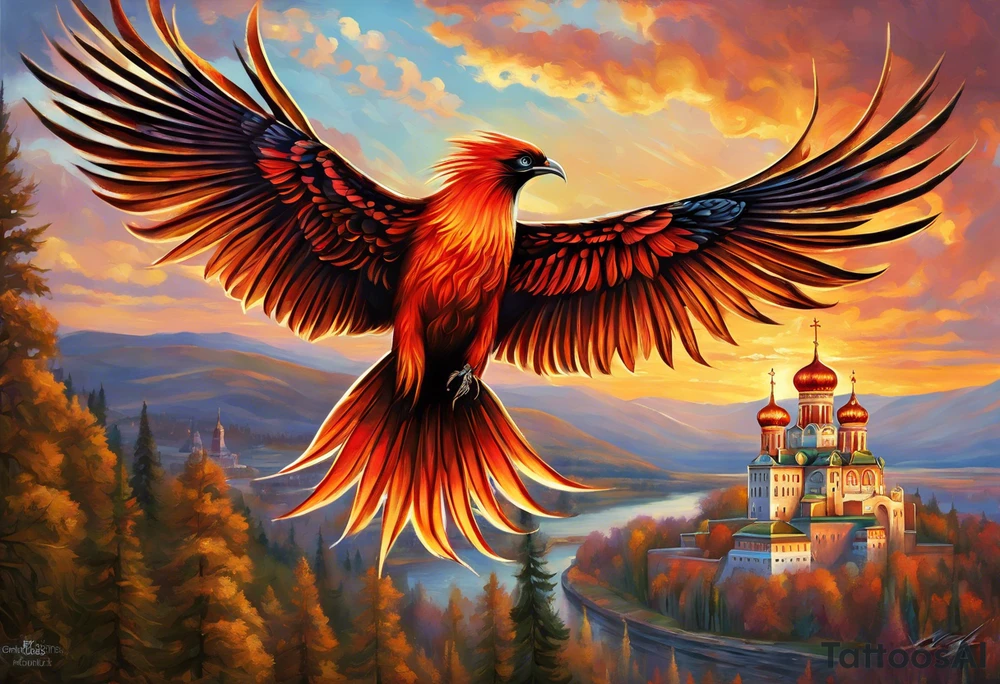 russian firebird in-flight with fancy tail and small onion cap monastery towers in background, with "Isaiah 43: 18-19" tattoo idea
