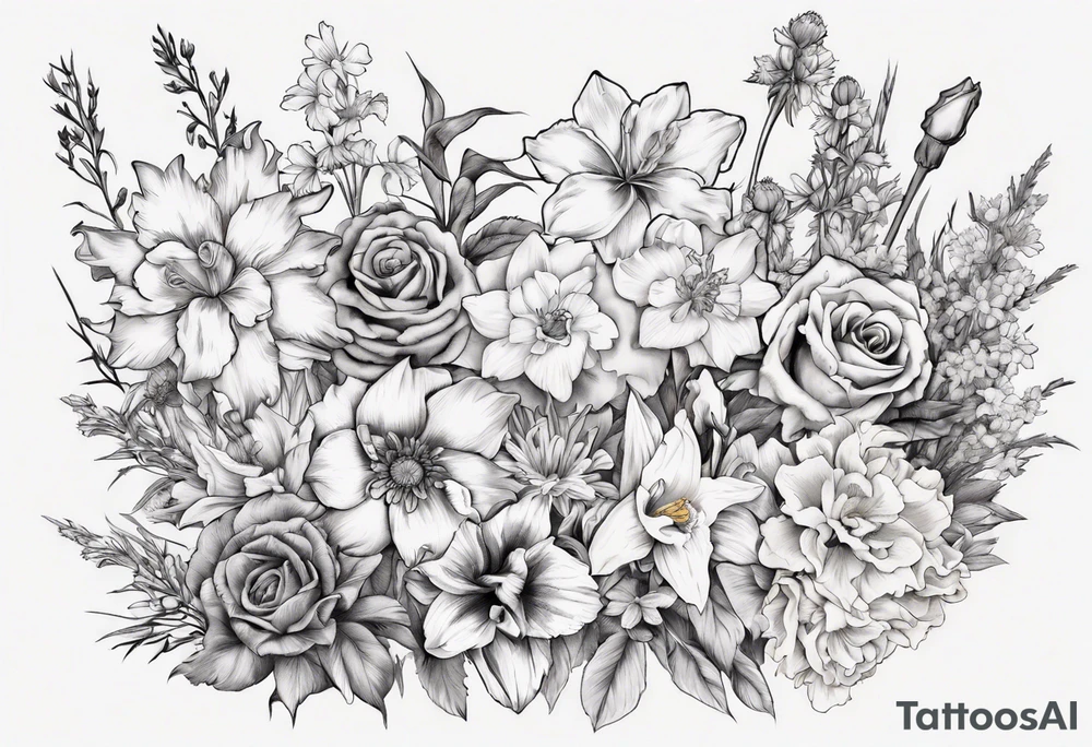 Flower bouquet with daffodil, rose, Larkspur, gladiolus, aster, marigold, chrysanthemum, narcissus tattoo idea