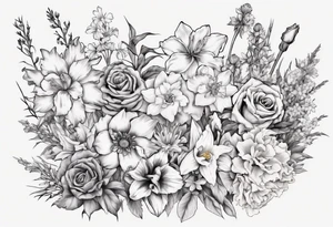 Flower bouquet with daffodil, rose, Larkspur, gladiolus, aster, marigold, chrysanthemum, narcissus tattoo idea