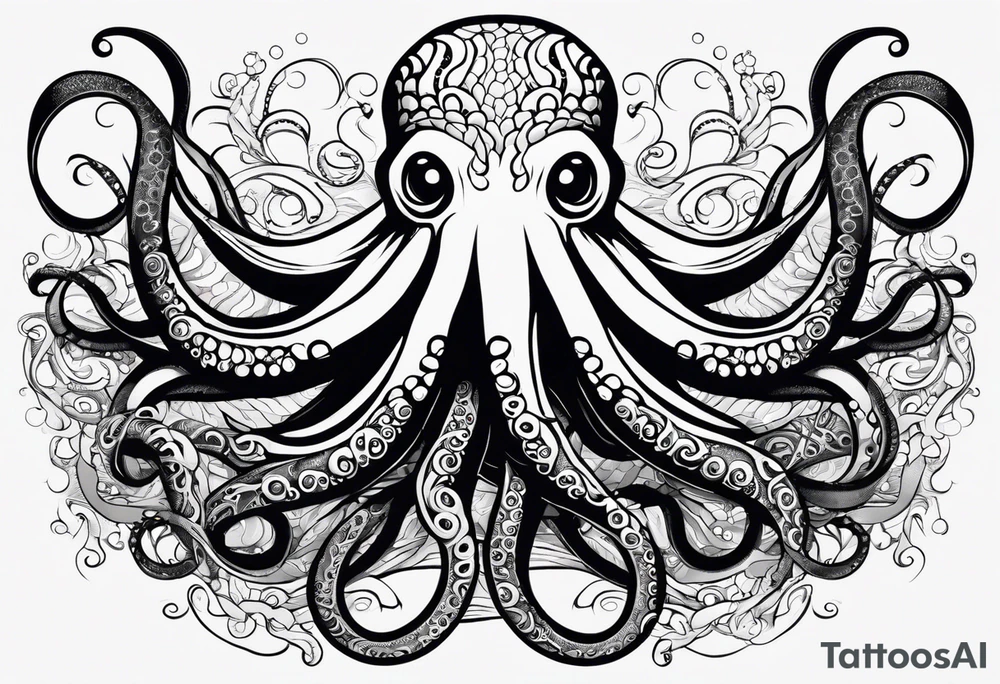 Tribal half sleeve octopus surrounded by ribbons of water waves filled with fish. the octopus has no eyes. Use thick lines only with less detail tattoo idea