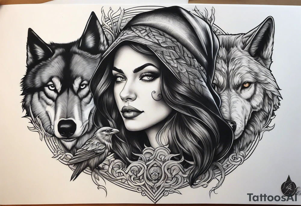 A witch, a raven and a wolf tattoo idea