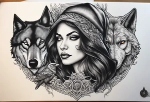 A witch, a raven and a wolf tattoo idea