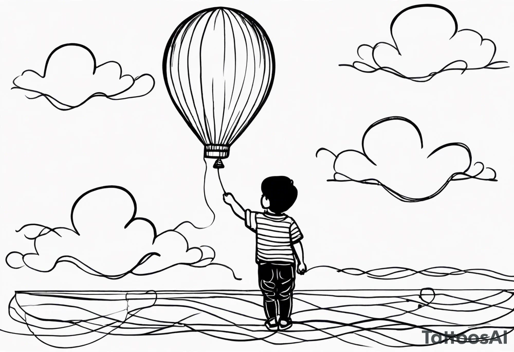 tatoo in sketch style only.
A little boy is holding a string to the hearth shaped baloon.
boy should be drawed from behinfd anhas one hand reaching up in 45 degree angle and holding the baloon string
the string has a big wave look like a hearbeat pulse.
hearth party baloon is tattoo idea
