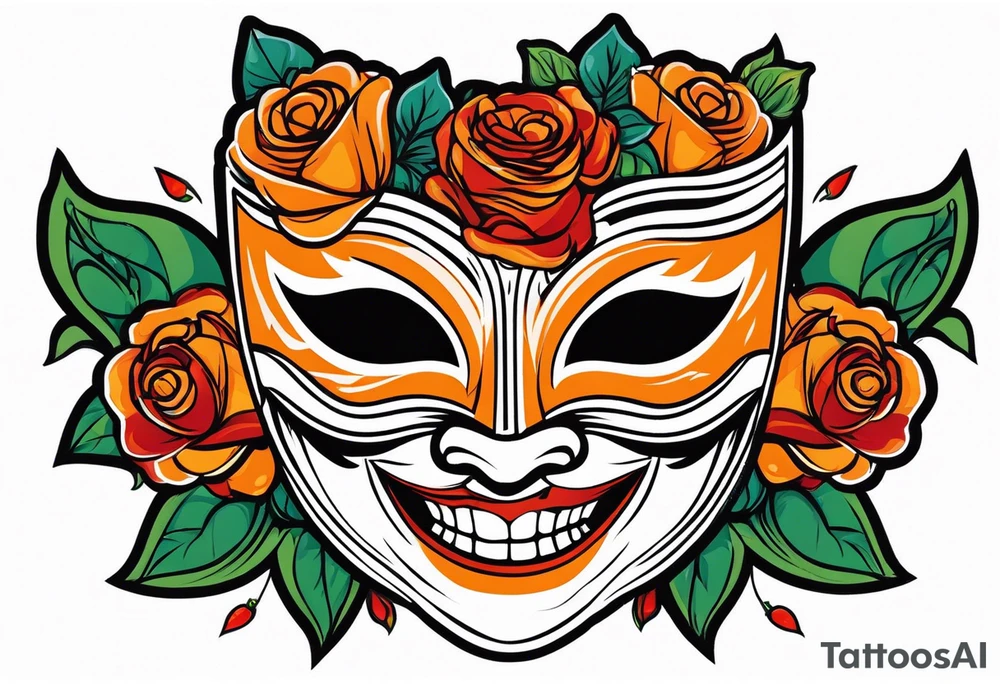 Laughing Male masquerade mask with orange and red roses tattoo idea