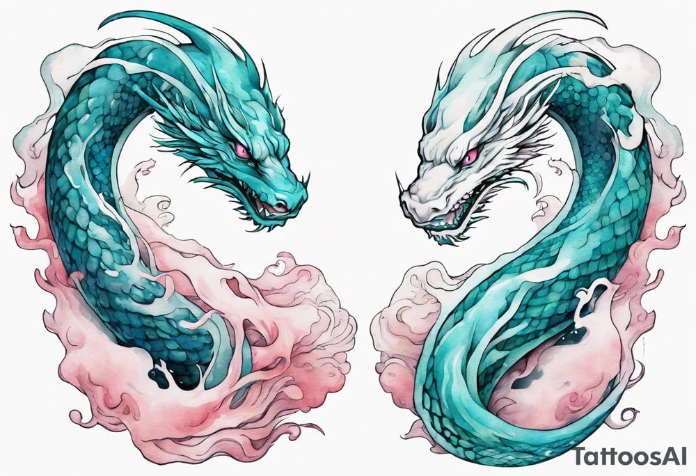 a beautiful turquoise and white and pink Jörmungandr rising from the blue waves of the ocean tattoo idea