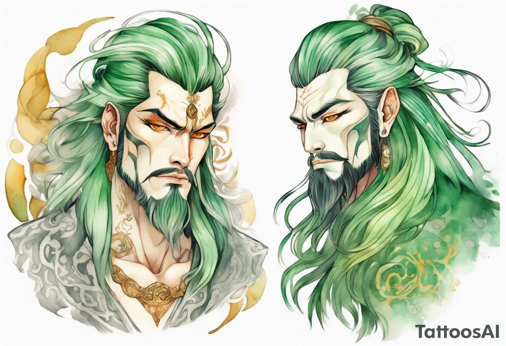 A tall beautiful man with pale green skin and long hair of green and gold and auburn and silver with amber eyes tattoo idea