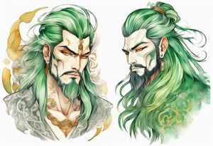 A tall beautiful man with pale green skin and long hair of green and gold and auburn and silver with amber eyes tattoo idea
