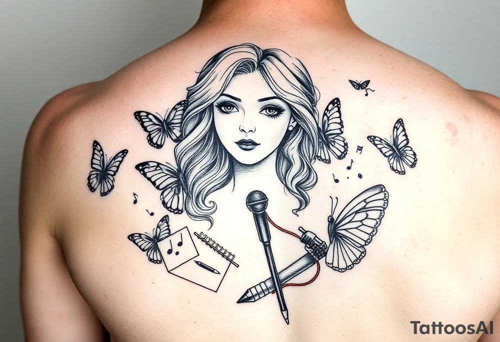 Faith Alice Ida Daiquan surrounded with butterflies, musical notes, needle and thread, microphone and drumstick tattoo idea