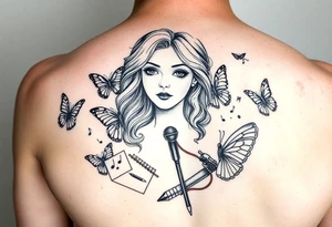 Faith Alice Ida Daiquan surrounded with butterflies, musical notes, needle and thread, microphone and drumstick tattoo idea
