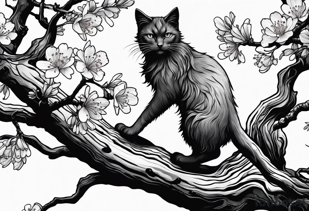 elongated cherry blossom branch meeting with a dying pine tree with hidden cute demon cat tattoo idea