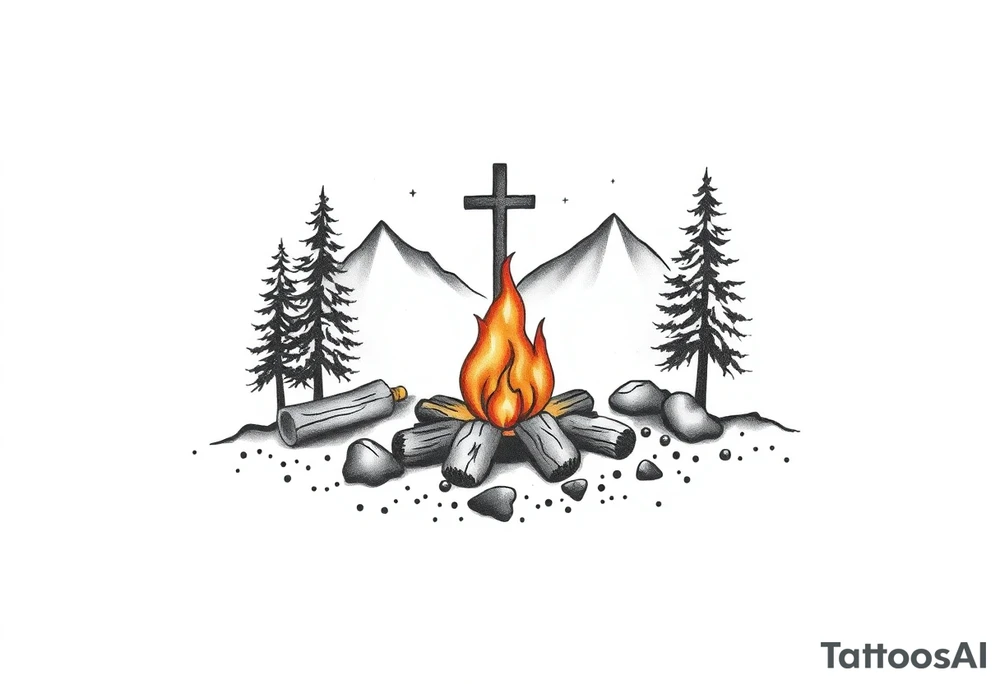Campsite with a campfire with a cross tattoo idea