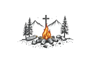 Campsite with a campfire with a cross tattoo idea