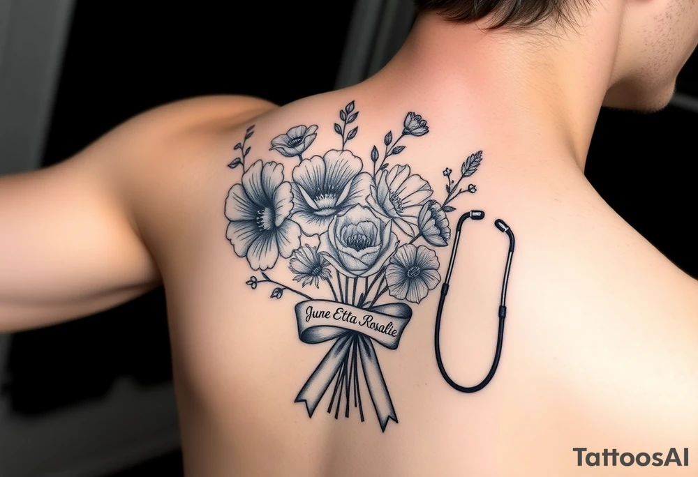 Half arm sleeve tattoo of 3 hollyhock flowers, one wild rose, 5 wild flowers in a bouquet with ribbon bow towards the bottom like the just got picked. On the ribbon include three names: June Etta, Roxy, Rosalie. Next the bouquet put a full realistic doctors stethoscope tattoo idea