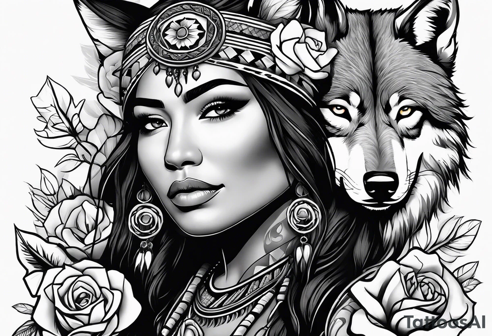Native American woman wrapped in roses with a wolf pelt tattoo idea