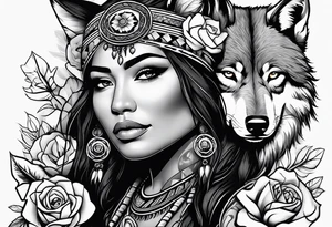 Native American woman wrapped in roses with a wolf pelt tattoo idea