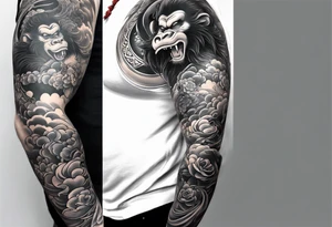 create a full arm sleeve tattoo containing a combination of the following; the monkey king with weapon, a japanese dragon, and
 shrouded mother holding a baby tattoo idea