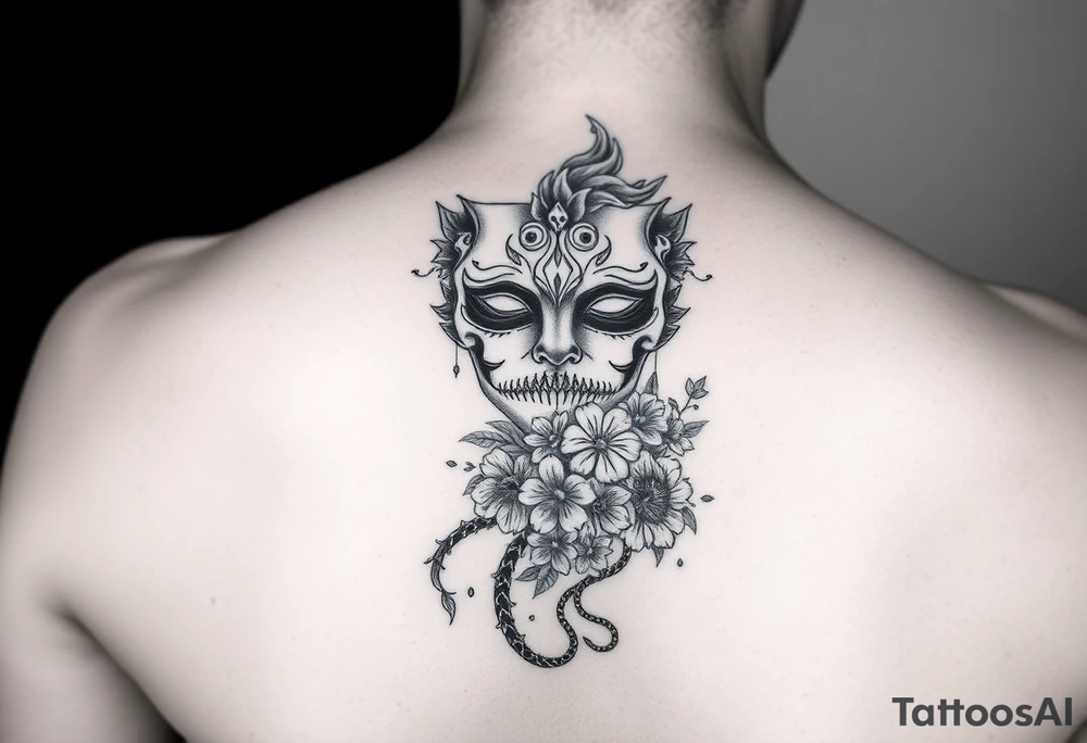 I want a two face masked tattoo with flowers, snakes , vines, jungle like all around On the forearm going down to my hand with cute flowers on it tattoo idea