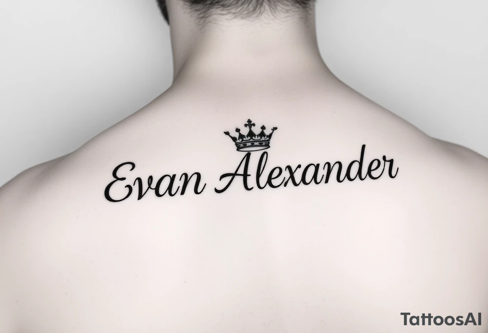 Name tattoo that says Evan Alexander with a crown on forearm tattoo idea