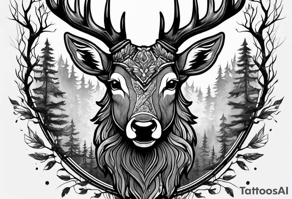 A frightening horror DECAYING deer head JUST BONE surrounded by a forest fire in background tattoo idea