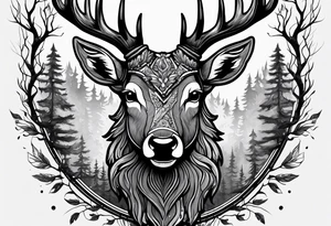 A frightening horror DECAYING deer head JUST BONE surrounded by a forest fire in background tattoo idea