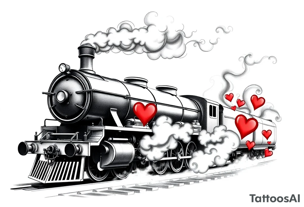 The steam locomotive has red hearts instead of smoke tattoo idea