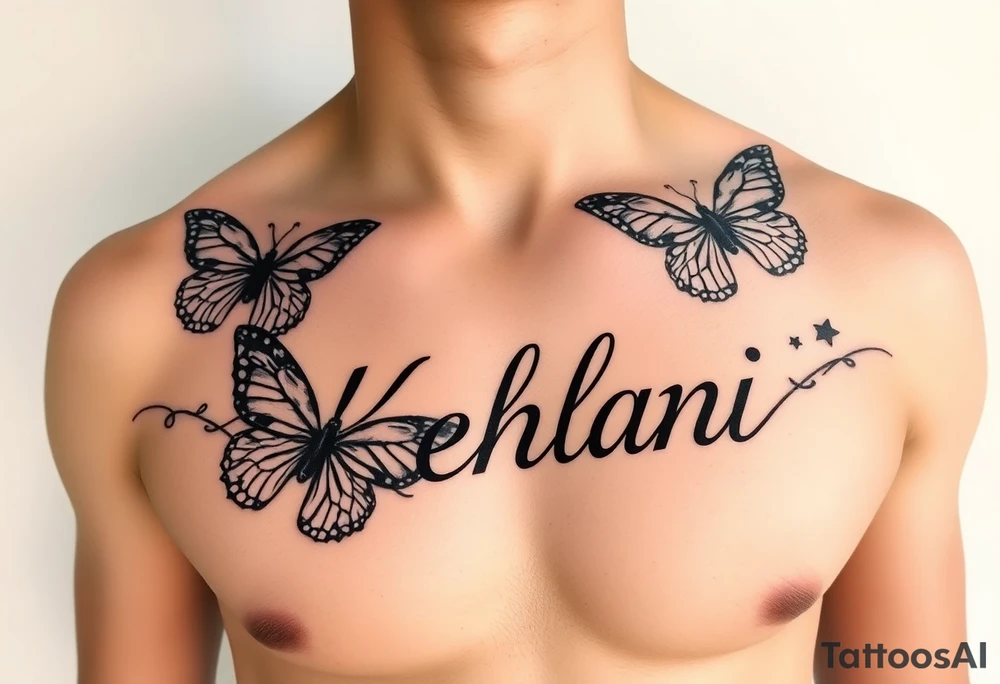 the name kehlani with butterflies on chest tattoo idea