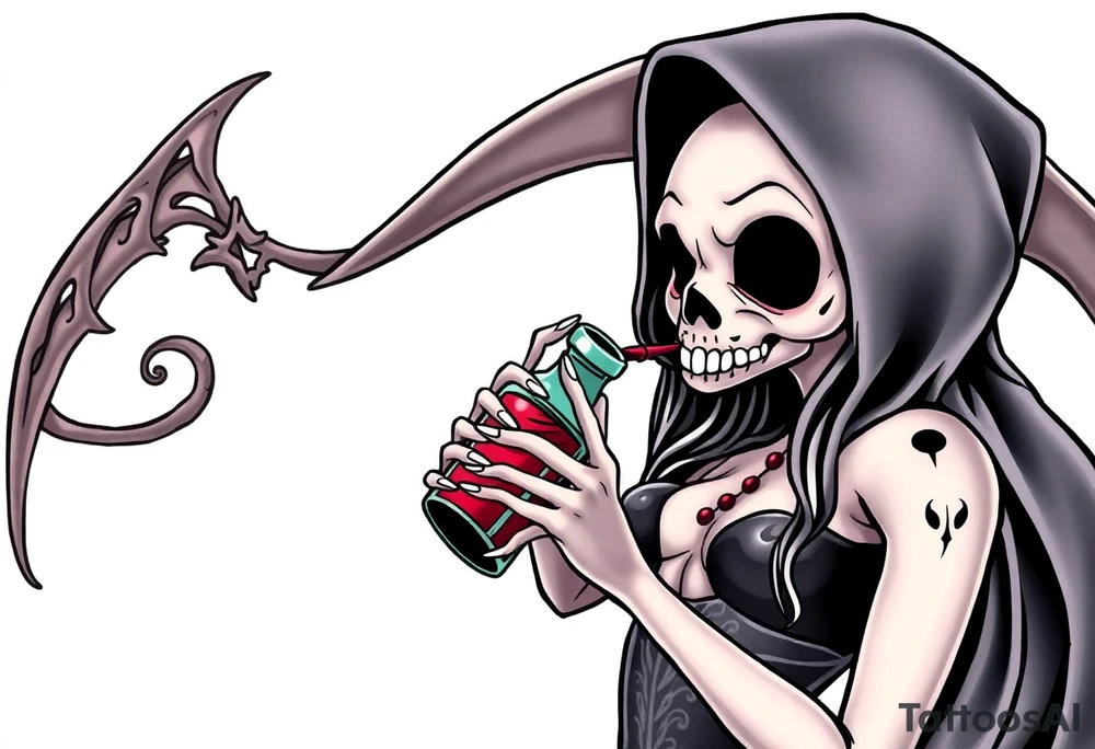Sexy  xxx Female grim. Reaper and drinks her
 death poison bottle tattoo idea