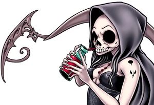 Sexy  xxx Female grim. Reaper and drinks her
 death poison bottle tattoo idea