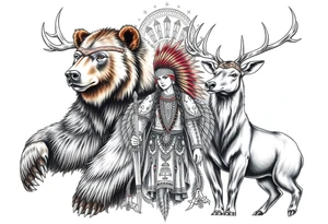 Indigenous, Majestic, and Powerful male Goliath Grizzly Bear and Elk. Both guarding an Indigenous, Majestic, and Powerful Raven haired Warrior Squaw surrounded by The Great Spirits in the sky tattoo idea